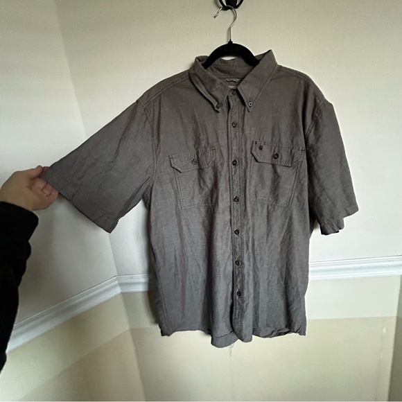 Men’s CARHARTT XL brown grey button up collared shirt linen feel relaxed fit - Picture 10 of 11